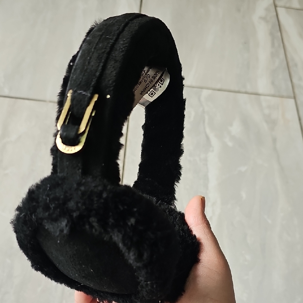 UGG Black Faux-Fur Ear Muffs with Gold Buckle